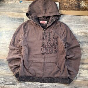 Vintage y2k brown women's reversible Billabong hoodie with glower patterns